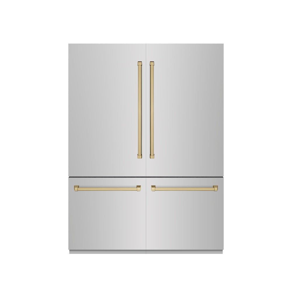 ZLINE Autograph Edition 60 in. 32.2 cu. ft. French Door Built-In Bottom Freezer Refrigerator with Water Dispenser and Ice Maker in Stainless Steel with Graphite Gray Interior and Champagne Bronze Accents (GRBIVZ-304-60CB) - (GRBIVZ30460CB) -