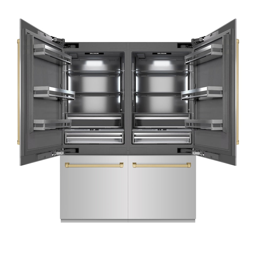 ZLINE Autograph Edition 60 in. 32.2 cu. ft. French Door Built-In Bottom Freezer Refrigerator with Water Dispenser and Ice Maker in Stainless Steel with Graphite Gray Interior and Champagne Bronze Accents (GRBIVZ-304-60CB) - (GRBIVZ30460CB) -