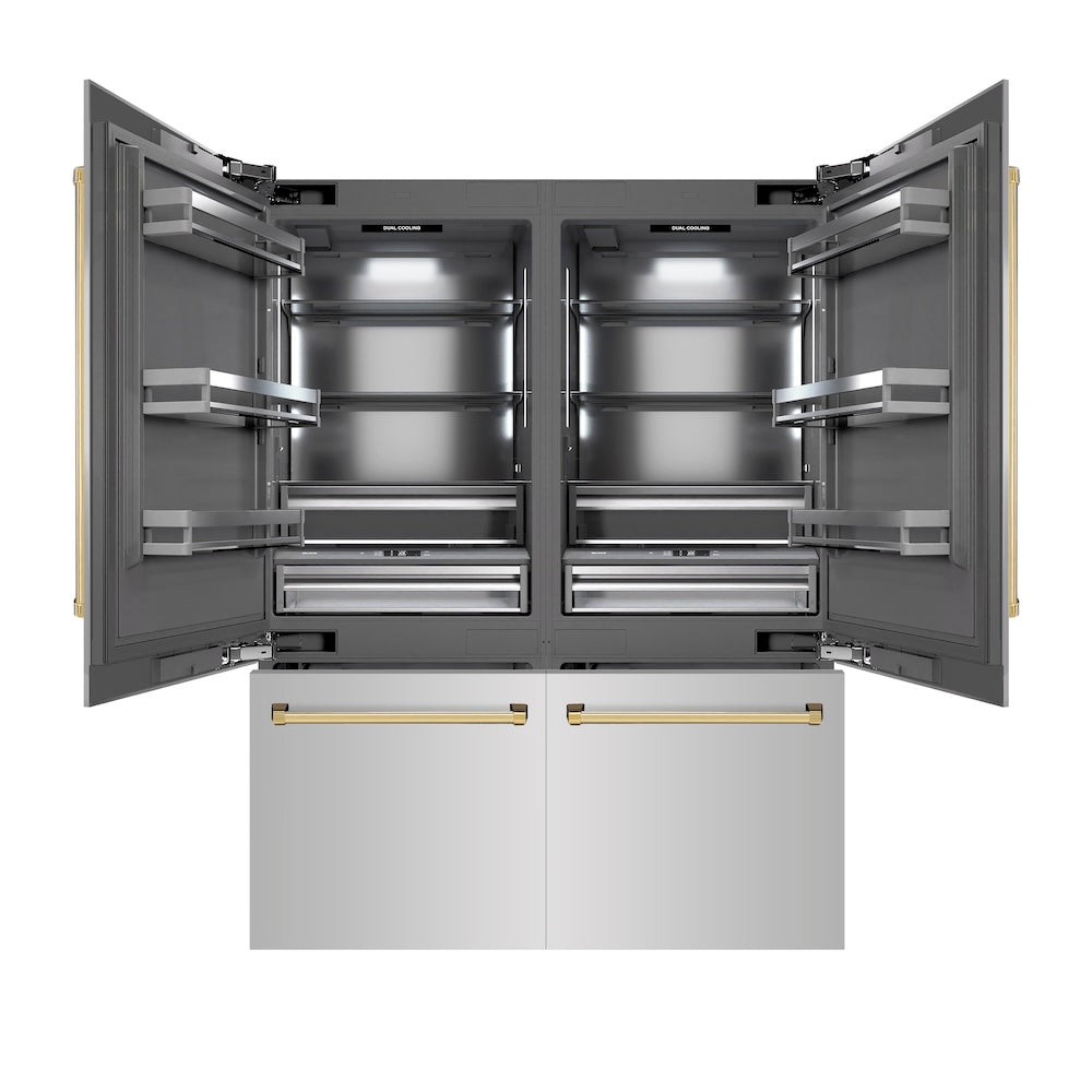 ZLINE Autograph Edition 60 in. 32.2 cu. ft. French Door Built-In Bottom Freezer Refrigerator with Water Dispenser and Ice Maker in Stainless Steel with Graphite Gray Interior and Polished Gold Accents (GRBIVZ-304-60G) - (GRBIVZ30460G) -