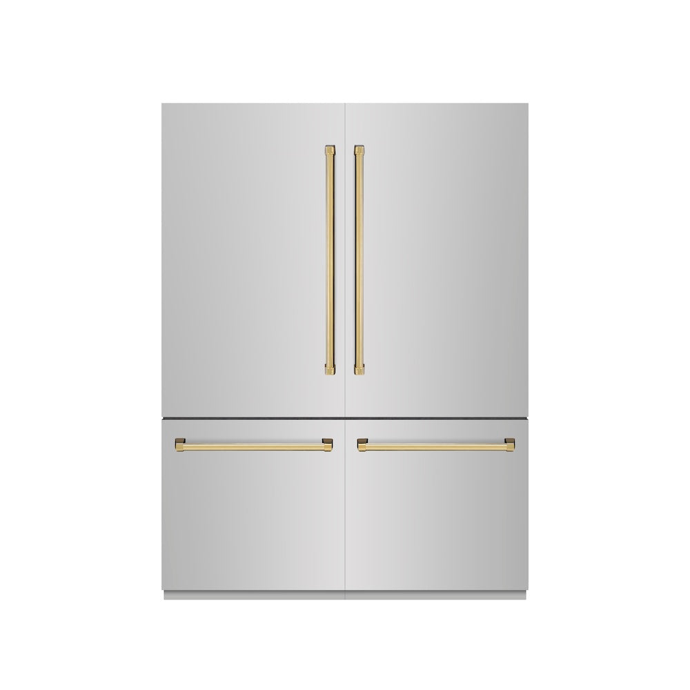 ZLINE Autograph Edition 60 in. 32.2 cu. ft. French Door Built-In Bottom Freezer Refrigerator with Water Dispenser and Ice Maker in Stainless Steel with Graphite Gray Interior and Polished Gold Accents (GRBIVZ-304-60G) - (GRBIVZ30460G) -
