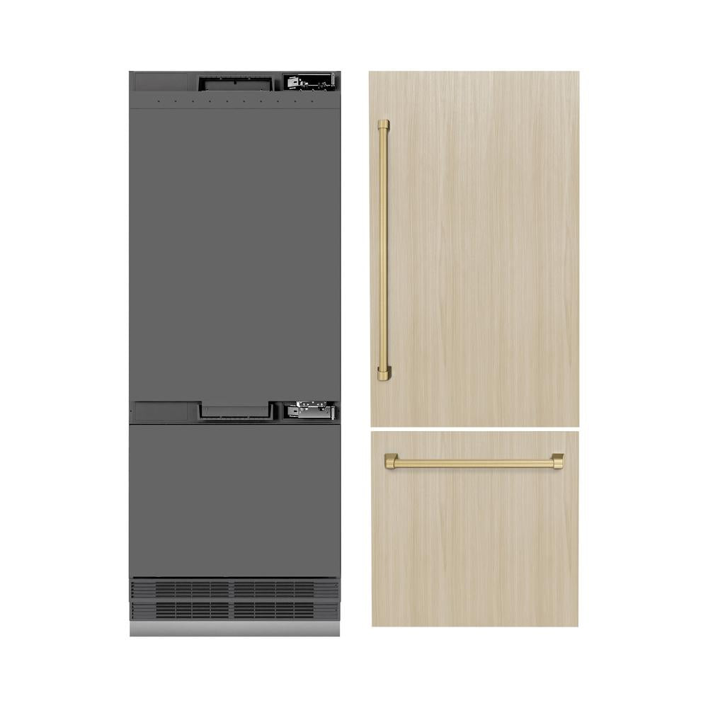 ZLINE Autograph Edition 30 in. 16.1 cu. ft. Panel Ready Built-In Bottom Freezer Refrigerator with Water Dispenser and Ice Maker with Graphite Gray Interior and Champagne Bronze Accents (GRBIVZ-30-CB) - (GRBIVZ30CB) -
