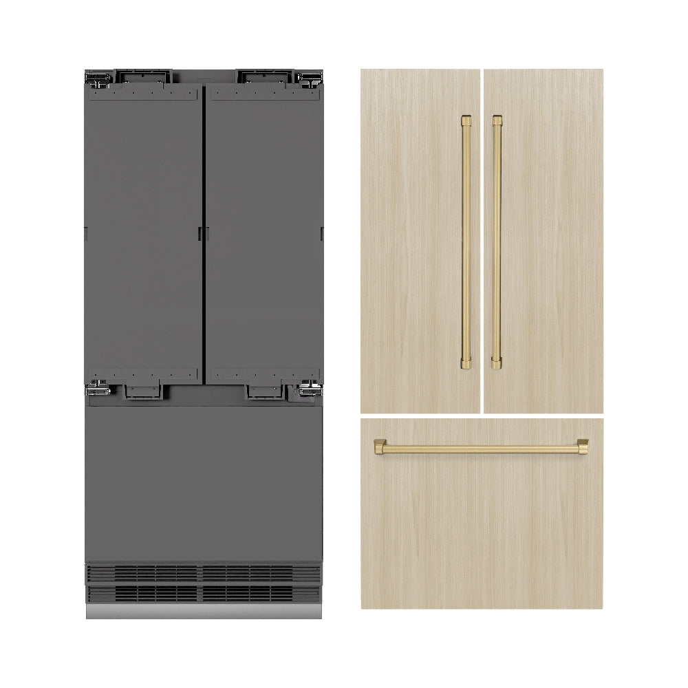 ZLINE Autograph Edition 36 in. 19.6 cu. ft. Panel Ready French Door Built-In Bottom Freezer Refrigerator with Water Dispenser and Ice Maker with Graphite Gray Interior and Champagne Bronze Accents (GRBIVZ-36-CB) - (GRBIVZ36CB) -