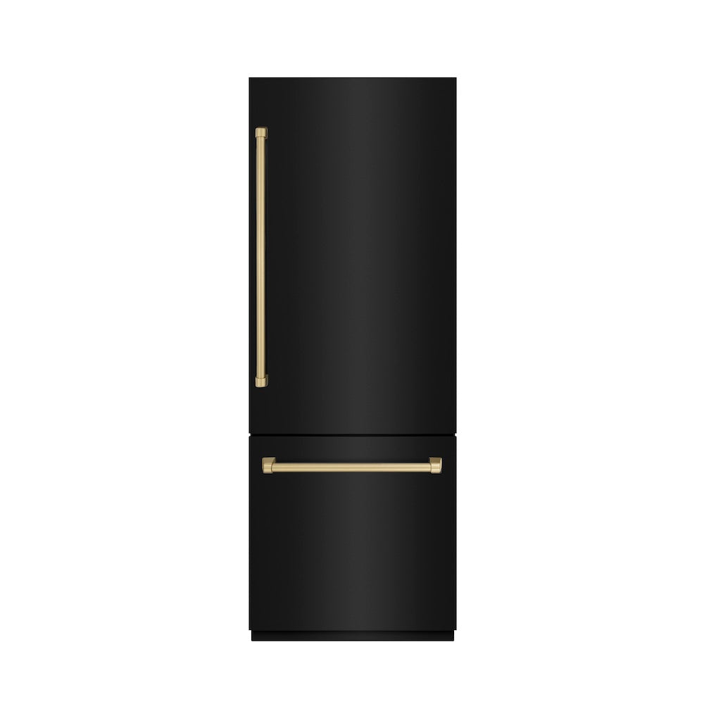 ZLINE Autograph Edition 30 in. 16.1 cu. ft. Built-In Bottom Freezer Refrigerator with Water Dispenser and Ice Maker in Black Stainless Steel with Graphite Gray Interior and Champagne Bronze Accents (GRBIVZ-BS-30-CB) - (GRBIVZBS30CB) -