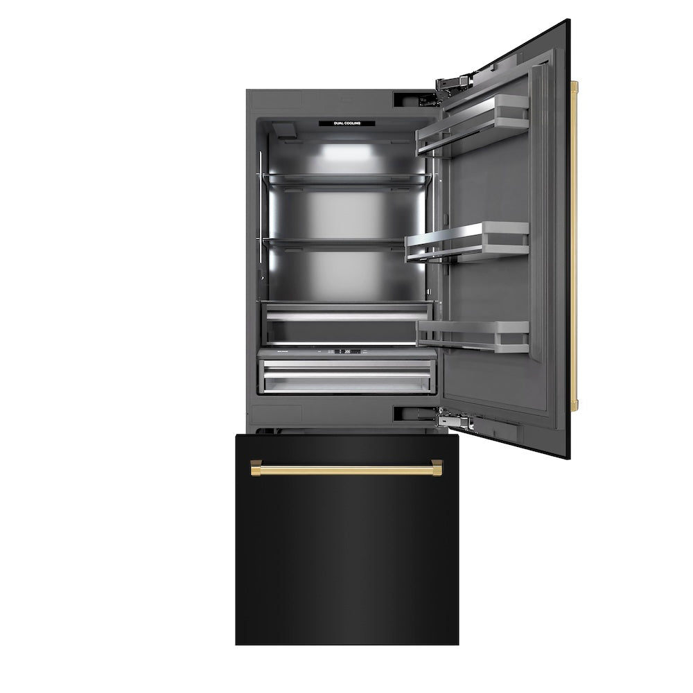 ZLINE Autograph Edition 30 in. 16.1 cu. ft. Built-In Bottom Freezer Refrigerator with Water Dispenser and Ice Maker in Black Stainless Steel with Graphite Gray Interior and Polished Gold Accents (GRBIVZ-BS-30-G) - (GRBIVZBS30G) -