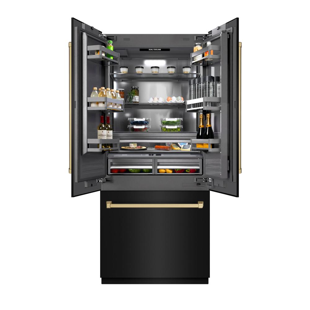 ZLINE Autograph Edition 36 in. 19.6 cu. ft. French Door Built-In Bottom Freezer Refrigerator with Water Dispenser and Ice Maker in Black Stainless Steel with Graphite Gray Interior and Champagne Bronze Accents (GRBIVZ-BS-36-CB) - (GRBIVZBS36CB) -