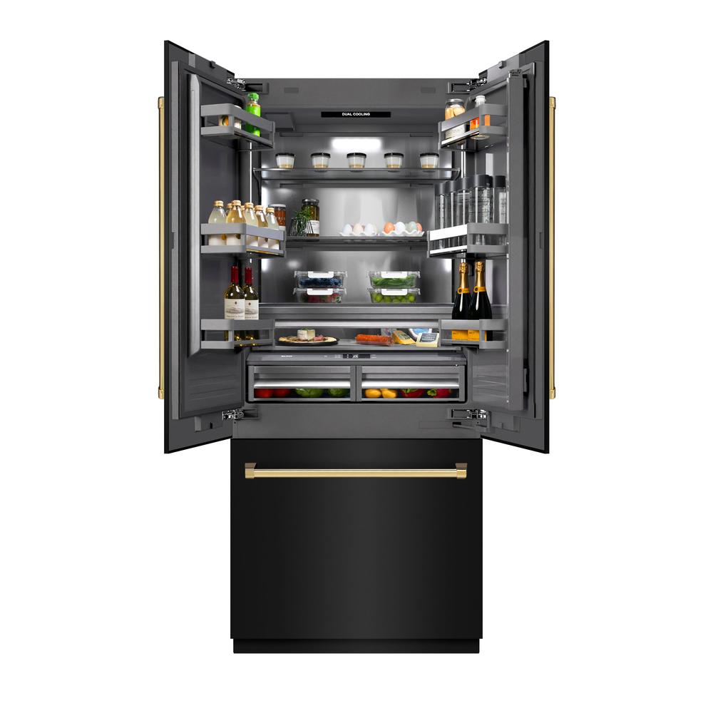 ZLINE Autograph Edition 36 in. 19.6 cu. ft. French Door Built-In Bottom Freezer Refrigerator with Water Dispenser and Ice Maker in Black Stainless Steel with Graphite Gray Interior and Polished Gold Accents (GRBIVZ-BS-36-G) - (GRBIVZBS36G) -
