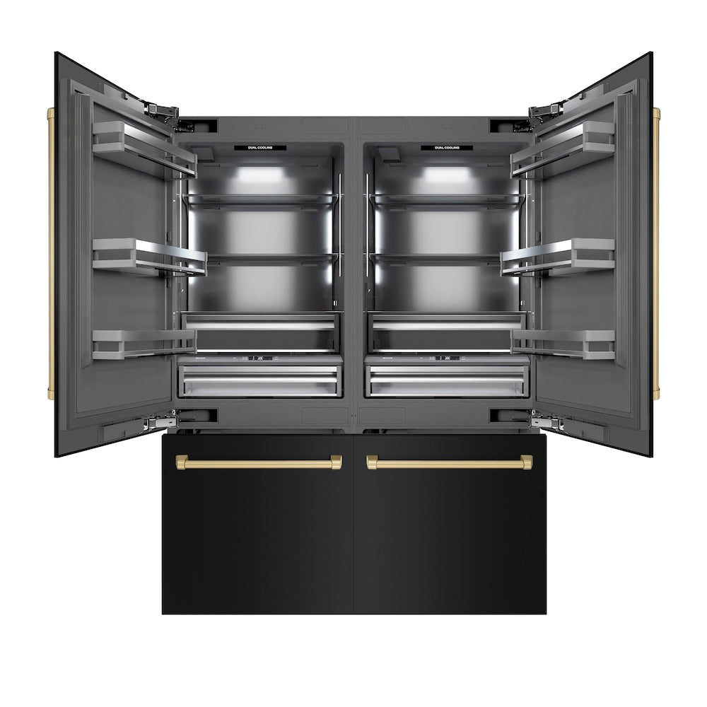 ZLINE Autograph Edition 60 in. 32.2 cu. ft. French Door Built-In Bottom Freezer Refrigerator with Water Dispenser and Ice Maker in Black Stainless Steel with Graphite Gray Interior and Champagne Bronze Accents (GRBIVZ-BS-60-CB) - (GRBIVZBS60CB) -