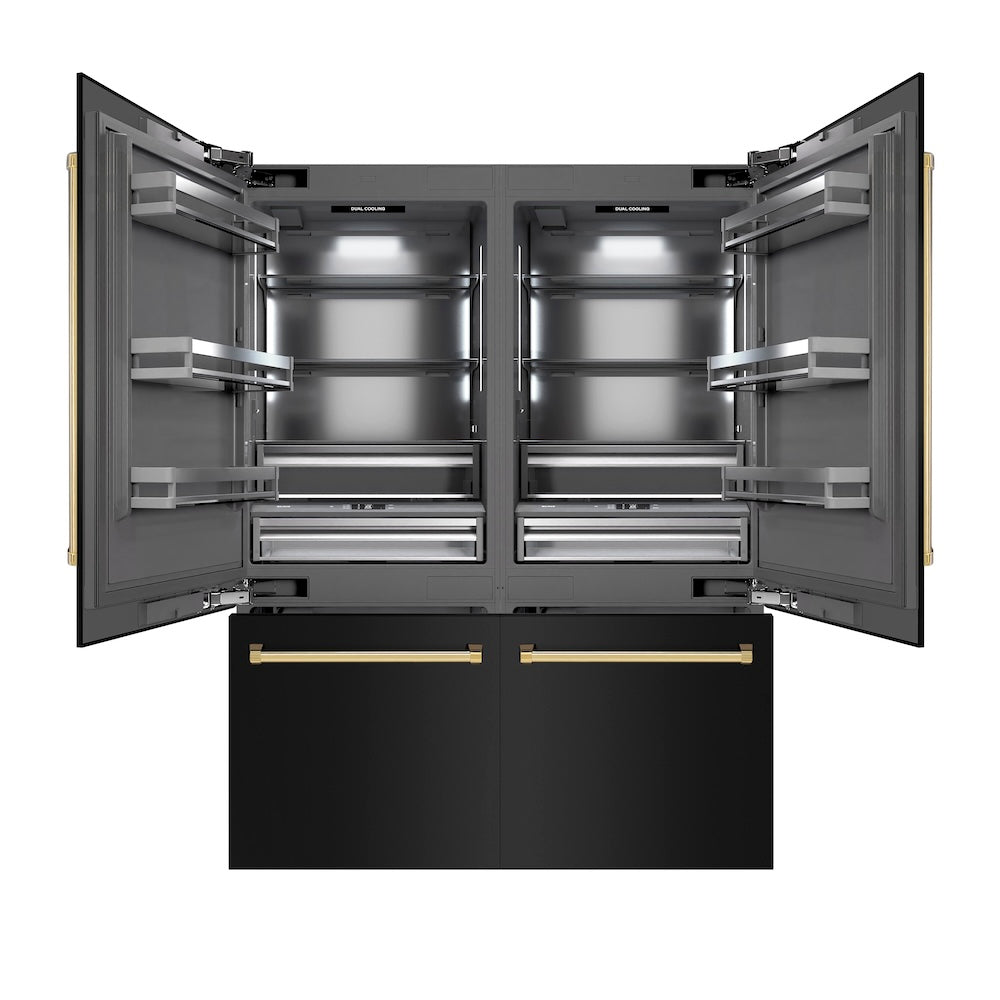 ZLINE Autograph Edition 60 in. 32.2 cu. ft. French Door Built-In Bottom Freezer Refrigerator with Water Dispenser and Ice Maker in Black Stainless Steel with Graphite Gray Interior and Polished Gold Accents (GRBIVZ-BS-60-G) - (GRBIVZBS60G) -