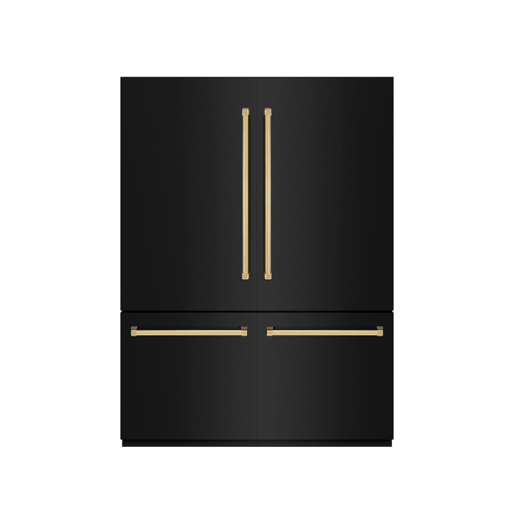 ZLINE Autograph Edition 60 in. 32.2 cu. ft. French Door Built-In Bottom Freezer Refrigerator with Water Dispenser and Ice Maker in Black Stainless Steel with Graphite Gray Interior and Polished Gold Accents (GRBIVZ-BS-60-G) - (GRBIVZBS60G) -