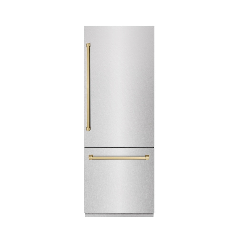 ZLINE Autograph Edition 30 in. 16.1 cu. ft. Built-In Bottom Freezer Refrigerator with Water Dispenser and Ice Maker in DuraSnow® Stainless Steel with Graphite Gray Interior and Champagne Bronze Accents (GRBIVZ-SN-30-CB) - (GRBIVZSN30CB) -