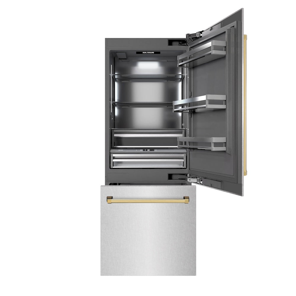 ZLINE Autograph Edition 30 in. 16.1 cu. ft. Built-In Bottom Freezer Refrigerator with Water Dispenser and Ice Maker in DuraSnow® Stainless Steel with Graphite Gray Interior and Polished Gold Accents (GRBIVZ-SN-30-G) - (GRBIVZSN30G) -