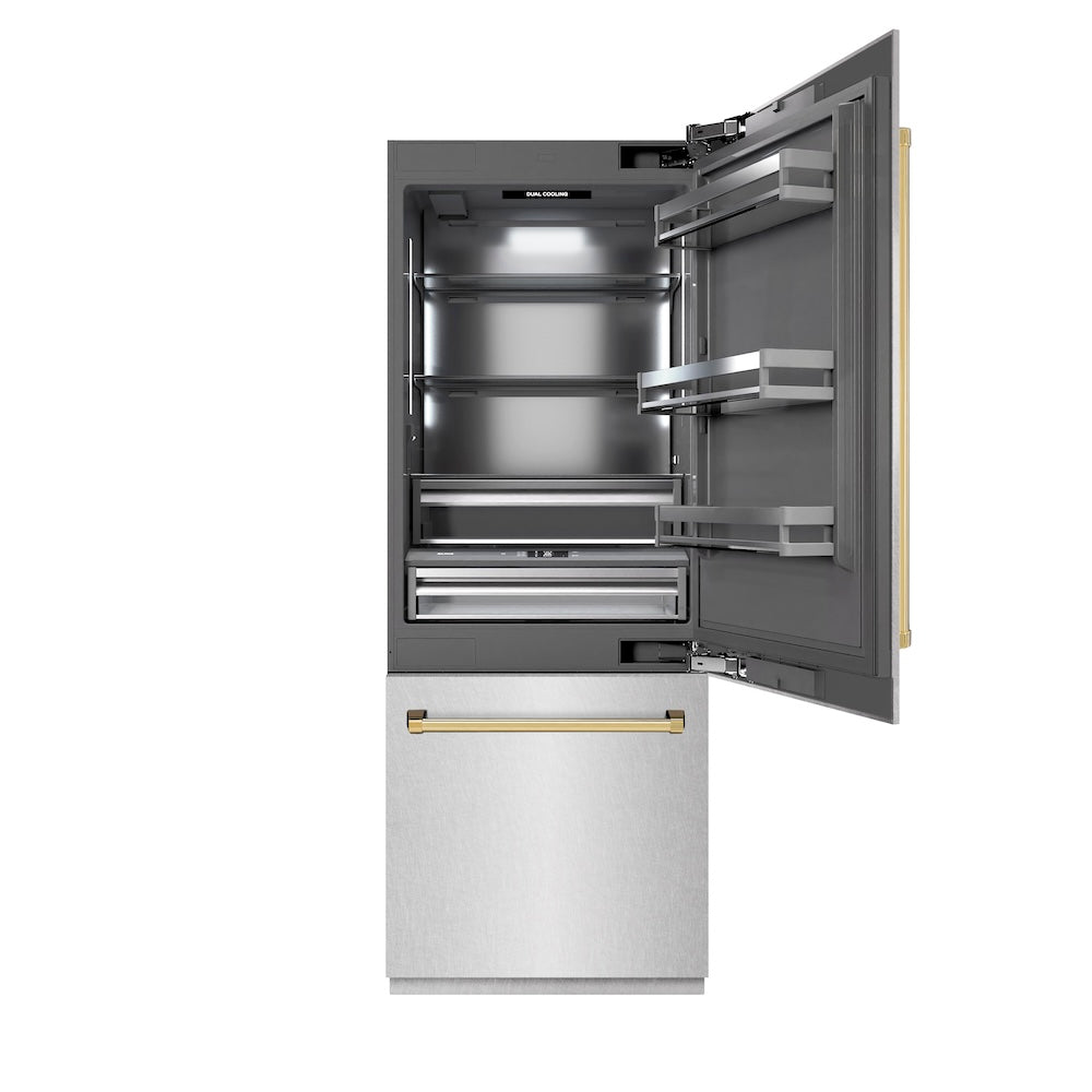 ZLINE Autograph Edition 30 in. 16.1 cu. ft. Built-In Bottom Freezer Refrigerator with Water Dispenser and Ice Maker in DuraSnow® Stainless Steel with Graphite Gray Interior and Polished Gold Accents (GRBIVZ-SN-30-G) - (GRBIVZSN30G) -