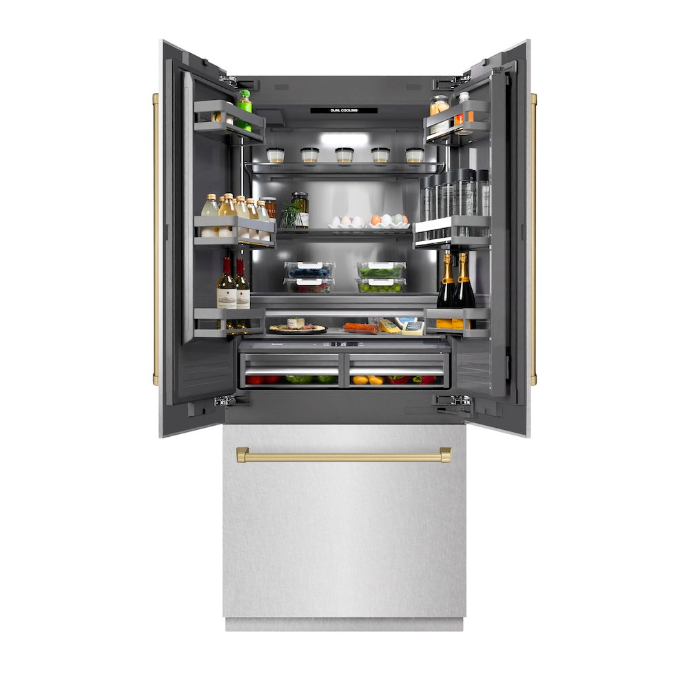 ZLINE Autograph Edition 36 in. 19.6 cu. ft. French Door Built-In Bottom Freezer Refrigerator with Water Dispenser and Ice Maker in DuraSnow® Stainless Steel with Graphite Gray Interior and Champagne Bronze Accents (GRBIVZ-SN-36-CB) - (GRBIVZSN36CB) -