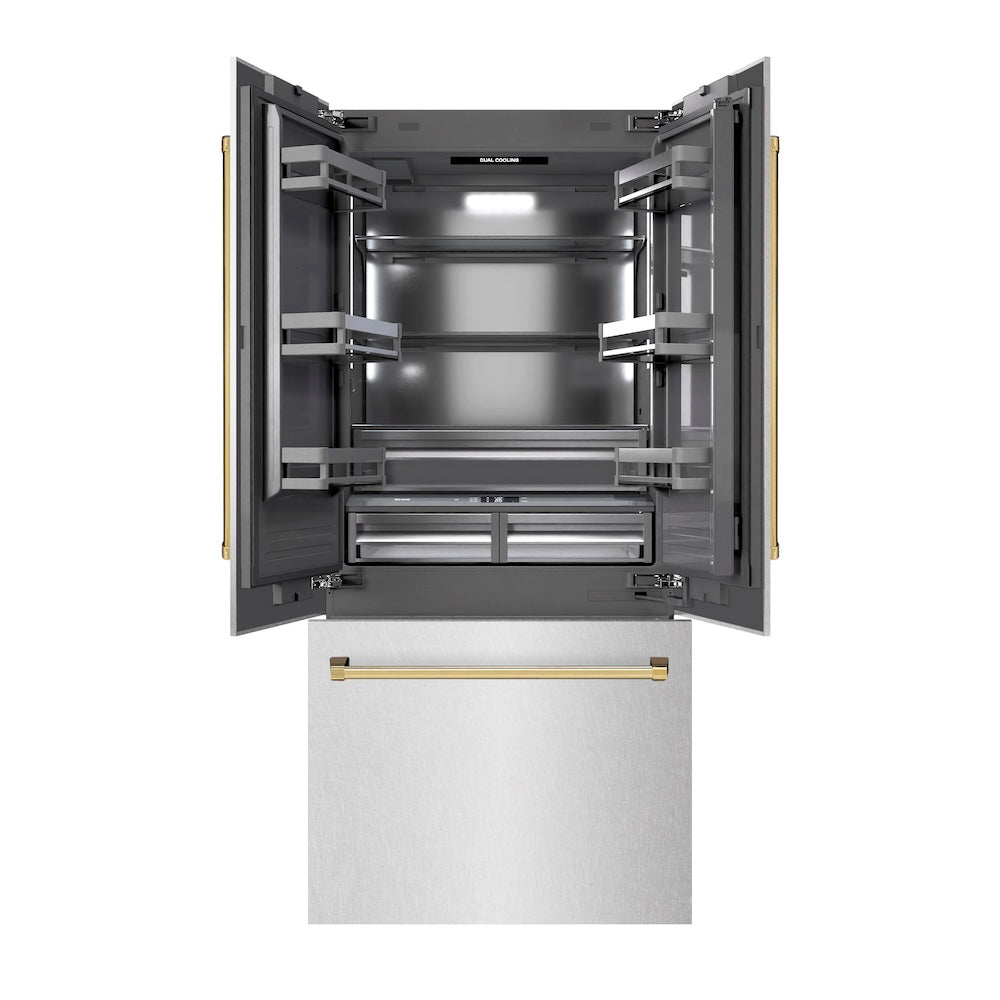 ZLINE Autograph Edition 36 in. 19.6 cu. ft. French Door Built-In Bottom Freezer Refrigerator with Water Dispenser and Ice Maker in DuraSnow® Stainless Steel with Graphite Gray Interior and Polished Gold Accents (GRBIVZ-SN-36-G) - (GRBIVZSN36G) -