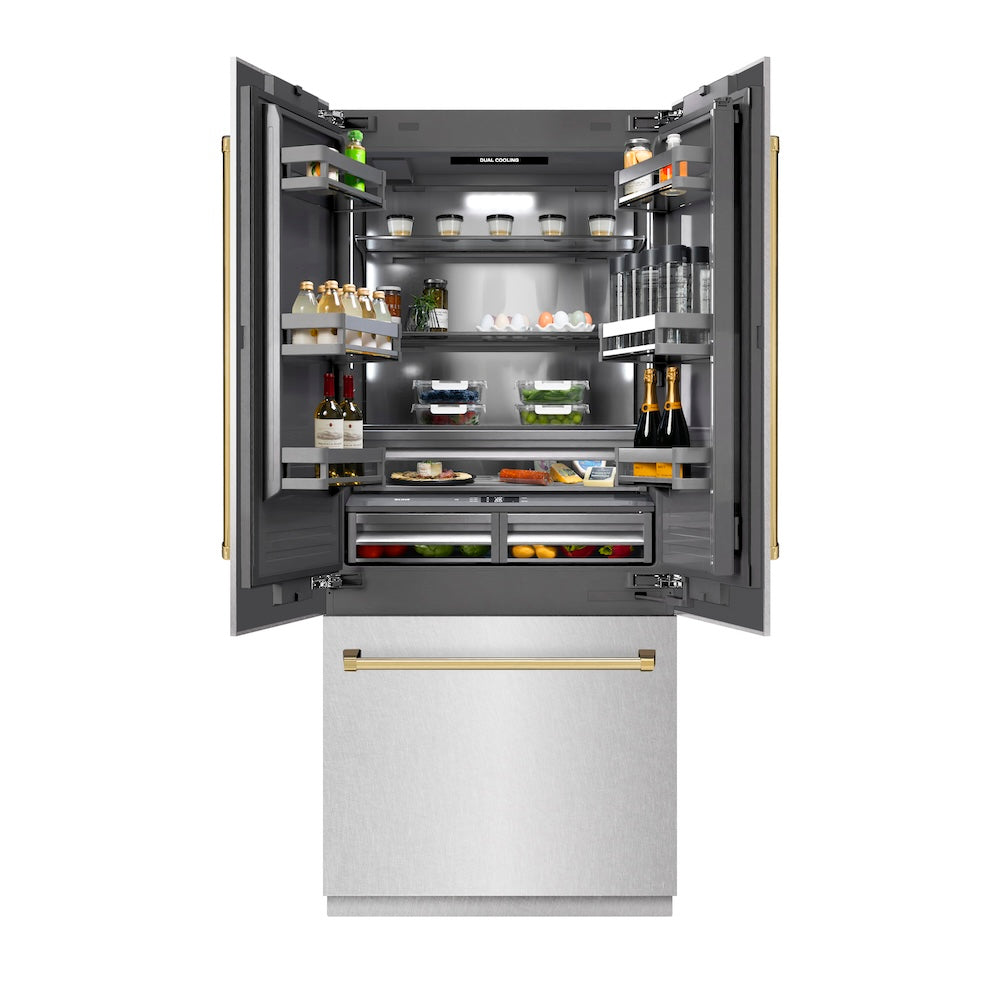ZLINE Autograph Edition 36 in. 19.6 cu. ft. French Door Built-In Bottom Freezer Refrigerator with Water Dispenser and Ice Maker in DuraSnow® Stainless Steel with Graphite Gray Interior and Polished Gold Accents (GRBIVZ-SN-36-G) - (GRBIVZSN36G) -