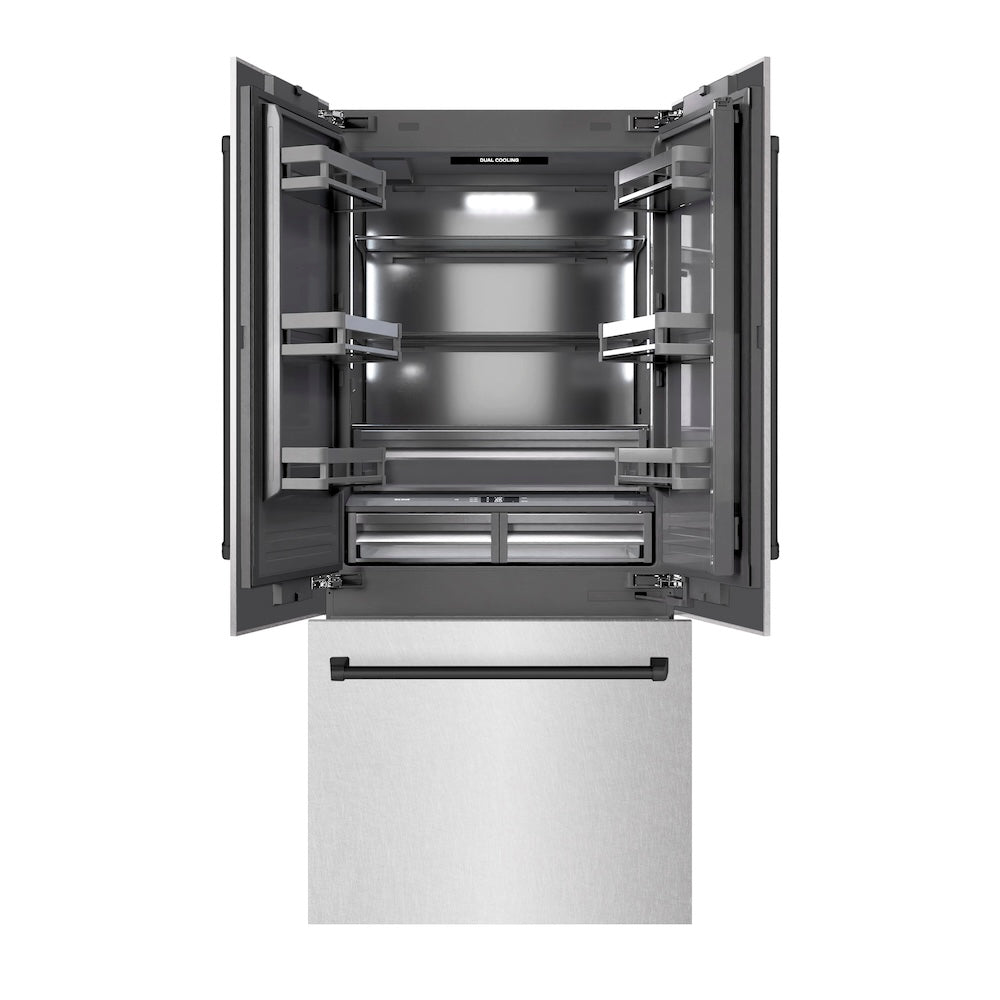 ZLINE Autograph Edition 36 in. 19.6 cu. ft. French Door Built-In Bottom Freezer Refrigerator with Water Dispenser and Ice Maker in DuraSnow® Stainless Steel with Graphite Gray Interior and Matte Black Accents (GRBIVZ-SN-36-MB) - (GRBIVZSN36MB) -