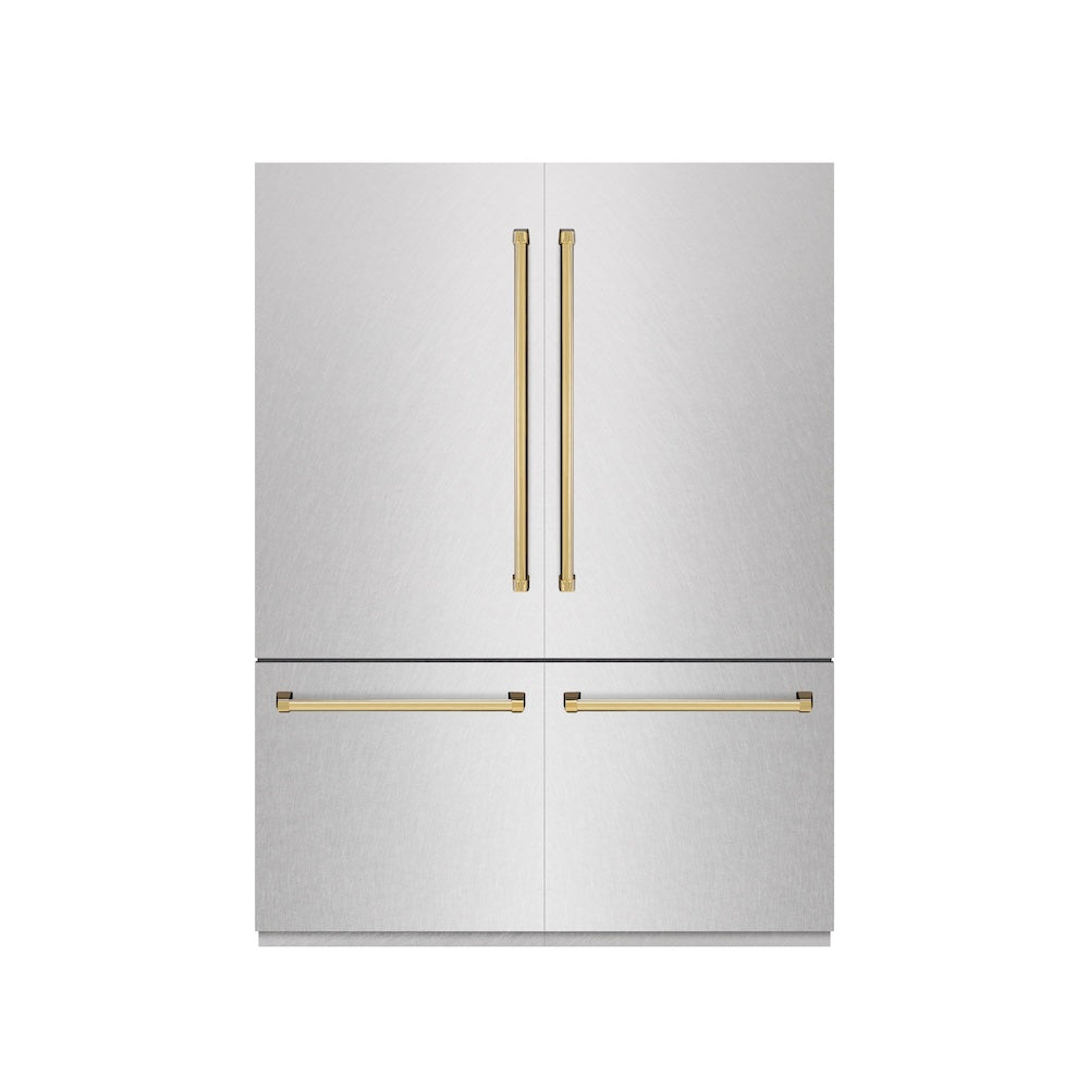 ZLINE Autograph Edition 60 in. 32.2 cu. ft. French Door Built-In Bottom Freezer Refrigerator with Water Dispenser and Ice Maker in DuraSnow® Stainless Steel with Graphite Gray Interior and Polished Gold Accents (GRBIVZ-SN-60-G) - (GRBIVZSN60G) -