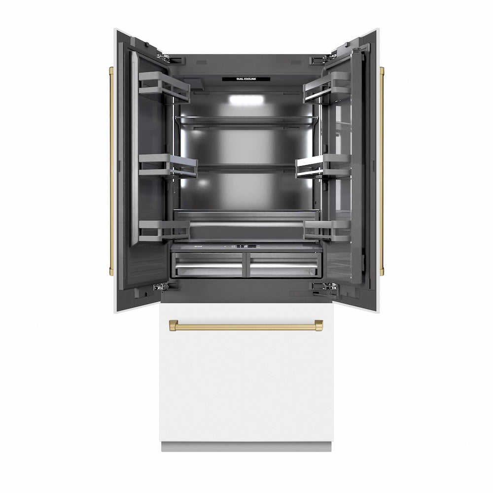 ZLINE Autograph Edition 36 in. 19.6 cu. ft. French Door Built-In Bottom Freezer Refrigerator with Water Dispenser and Ice Maker in White Matte with Graphite Gray Interior and Champagne Bronze Accents (GRBIVZ-WM-36-CB) - (GRBIVZWM36CB) -