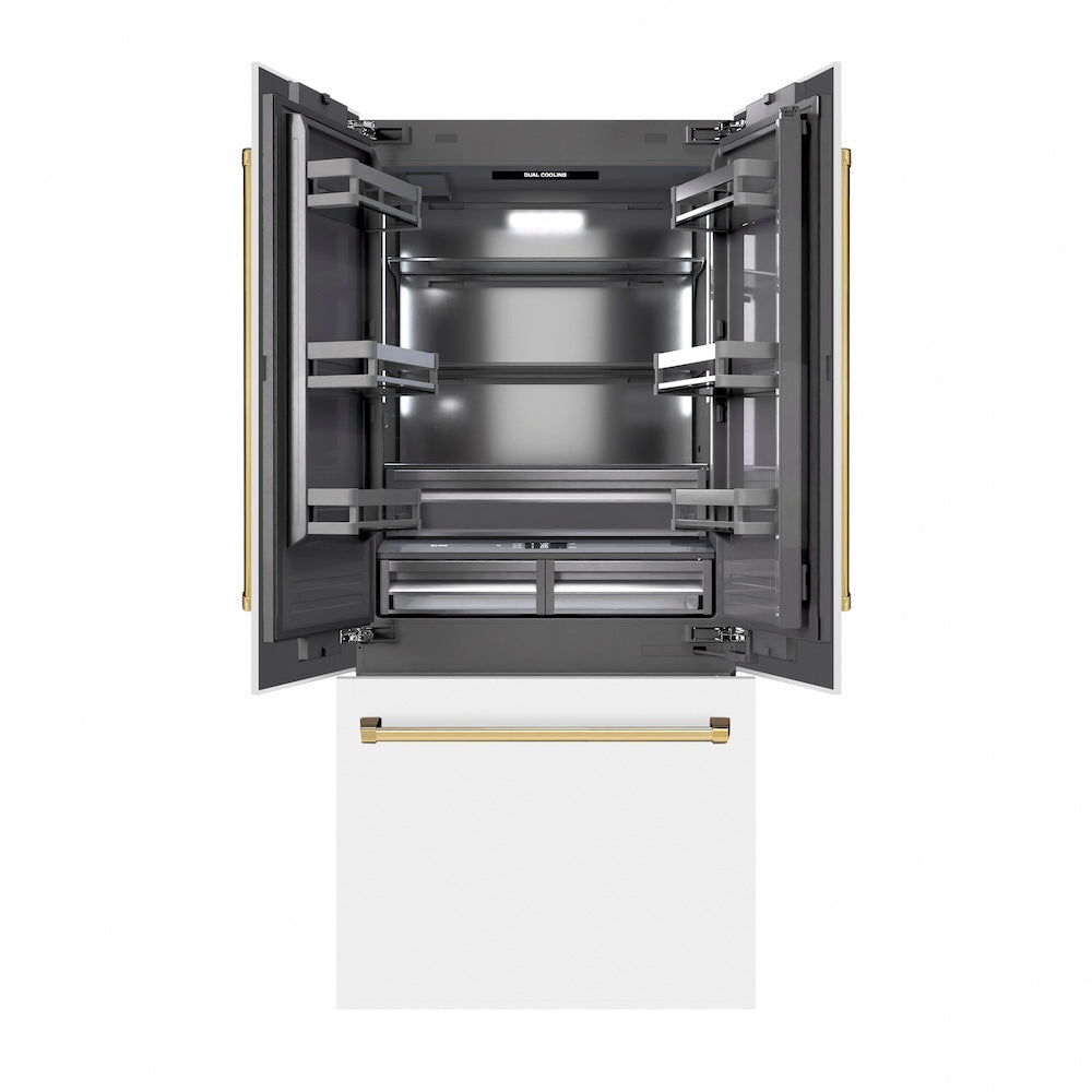 ZLINE Autograph Edition 36 in. 19.6 cu. ft. French Door Built-In Bottom Freezer Refrigerator with Water Dispenser and Ice Maker in White Matte with Graphite Gray Interior and Polished Gold Accents (GRBIVZ-WM-36-G) - (GRBIVZWM36G) -