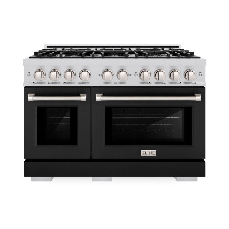 ZLINE 48 in. 6.7 cu. ft. Select Double Oven Dual Fuel Range with 8 Burner Gas Cooktop in Stainless Steel with Black Matte Doors (HDR-BLM-48) - (HDRBLM48) -
