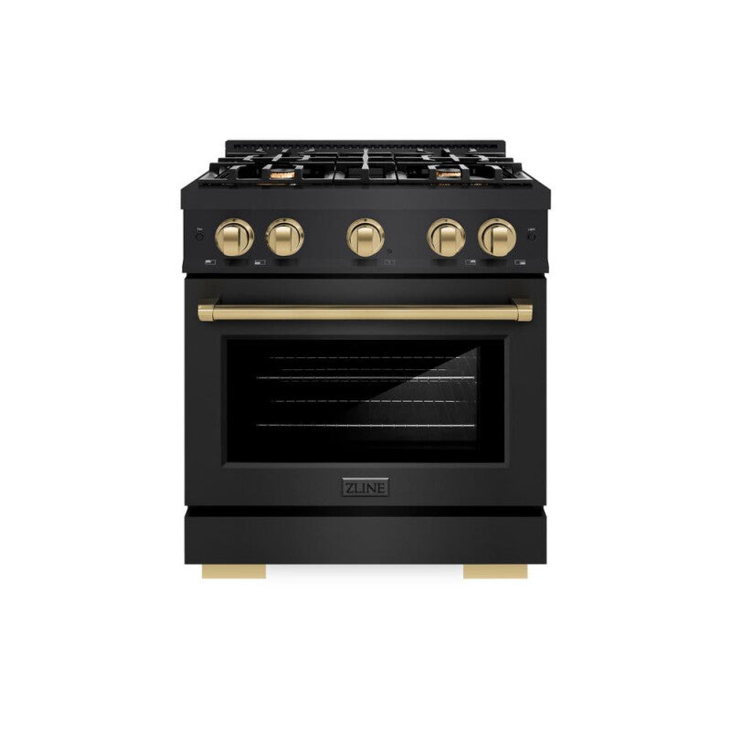 ZLINE Autograph Edition 30 in. 4.2 cu. ft. Select Dual Fuel Range with 4 Burner Gas Cooktop and Electric Convection Oven in Black Stainless Steel with Champagne Bronze Accents (HDRBZ-30-CB) - (HDRBZ30CB) -