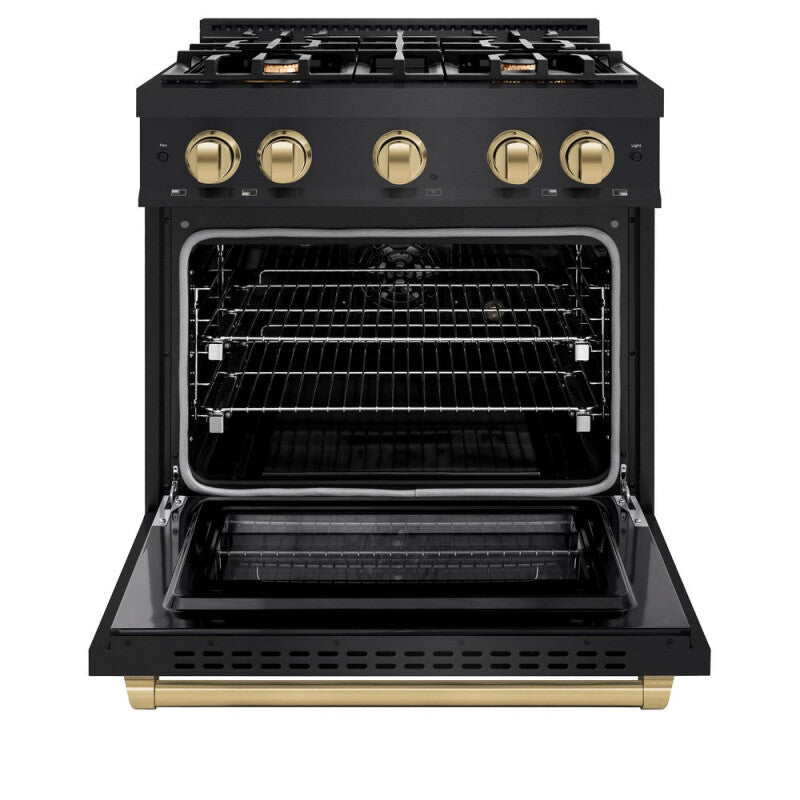 ZLINE Autograph Edition 30 in. 4.2 cu. ft. Select Dual Fuel Range with 4 Burner Gas Cooktop and Electric Convection Oven in Black Stainless Steel with Champagne Bronze Accents (HDRBZ-30-CB) - (HDRBZ30CB) -