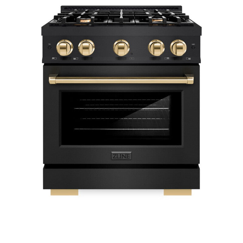 ZLINE Autograph Edition 30 in. 4.2 cu. ft. Select Dual Fuel Range with 4 Burner Gas Cooktop and Electric Convection Oven in Black Stainless Steel with Polished Gold Accents (HDRBZ-30-G) - (HDRBZ30G) -