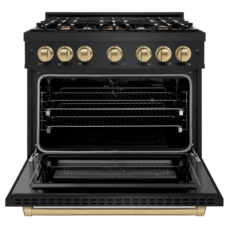 ZLINE Autograph Edition 36 in. 5.2 cu. ft. Select Dual Fuel Range with 6 Burner Gas Cooktop and Electric Convection Oven in Black Stainless Steel with Champagne Bronze Accents (HDRBZ-36-CB) - (HDRBZ36CB) -