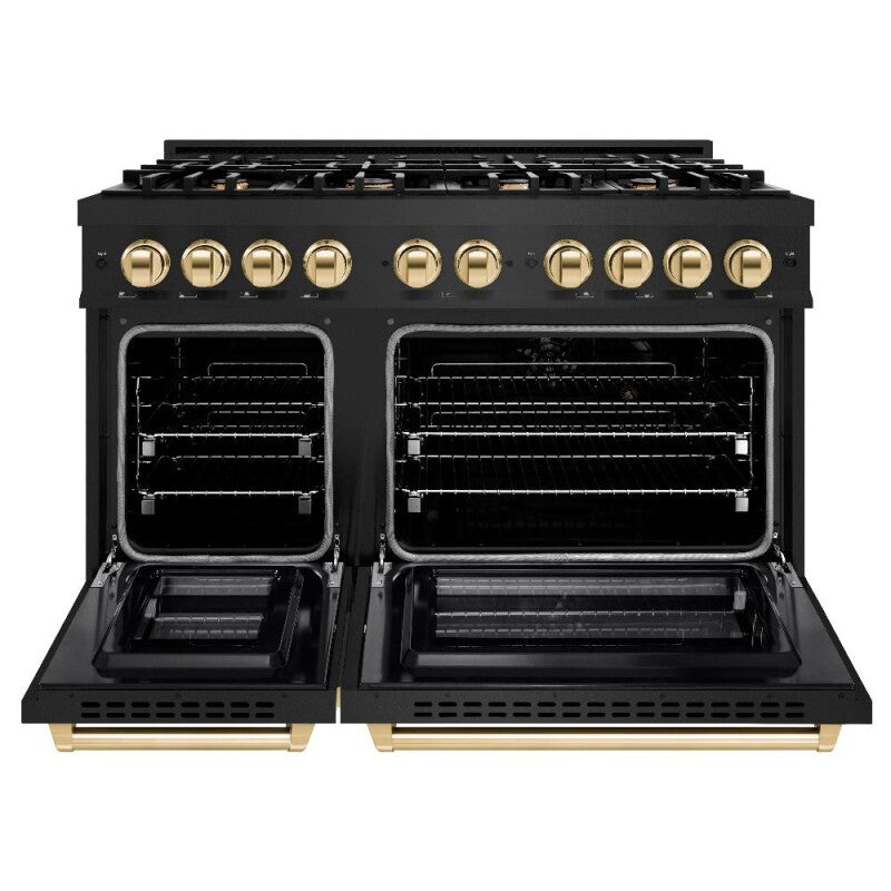 ZLINE Autograph Edition 48 in. 6.7 cu. ft. Select Double Oven Dual Fuel Range with 8 Burner Gas Cooktop in Black Stainless Steel and Polished Gold Accents (HDRBZ-48-G) - (HDRBZ48G) -