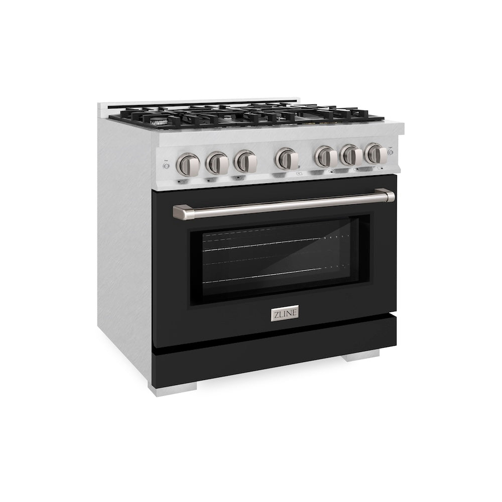 ZLINE 36 in. 5.2 cu. ft. Select Dual Fuel Range with 6 Burner Gas Cooktop and Electric Convection Oven in DuraSnow® Stainless Steel with Black Matte Door (HDRS-BLM-36) - (HDRSBLM36) -