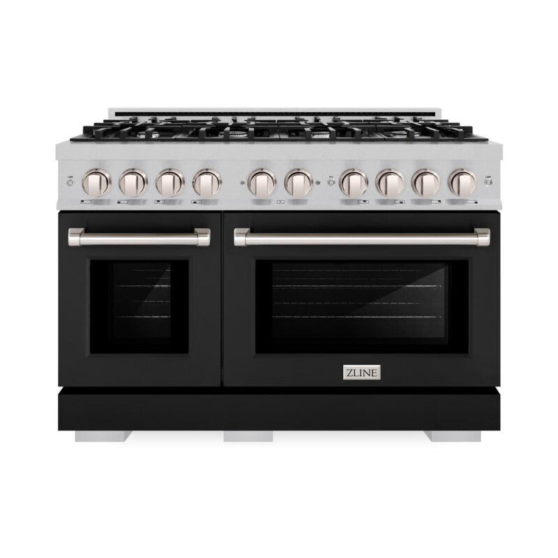 ZLINE 48 in. 6.7 cu. ft. Select Double Oven Dual Fuel Range with 8 Burner Gas Cooktop in DuraSnow® Stainless Steel with Black Matte Doors (HDRS-BLM-48) - (HDRSBLM48) -