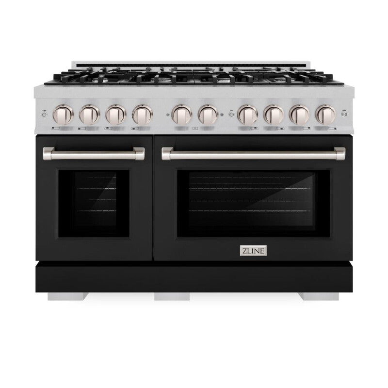 ZLINE 48 in. 6.7 cu. ft. Select Double Oven Dual Fuel Range with 8 Burner Gas Cooktop in DuraSnow® Stainless Steel with Black Matte Doors (HDRS-BLM-48) - (HDRSBLM48) -