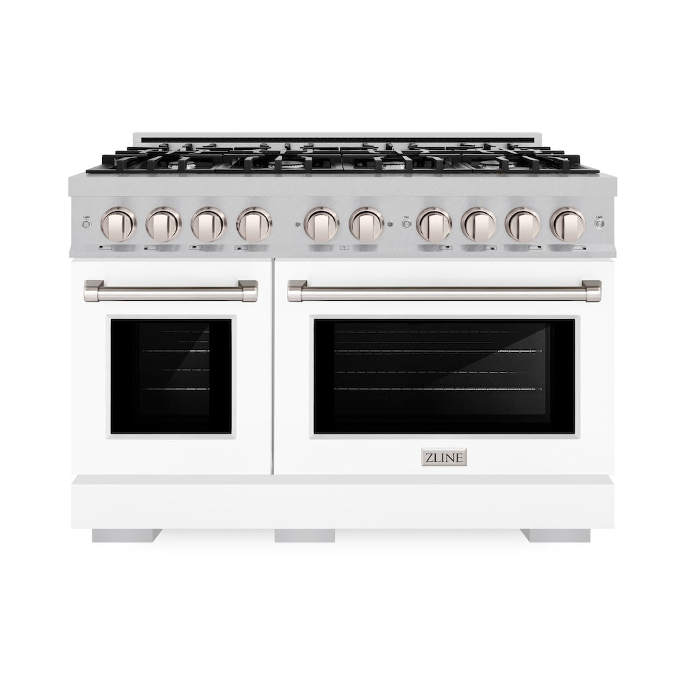 ZLINE 48 in. 6.7 cu. ft. Select Double Oven Dual Fuel Range with 8 Burner Gas Cooktop in DuraSnow® Stainless Steel with White Matte Doors (HDRS-WM-48) - (HDRSWM48) -