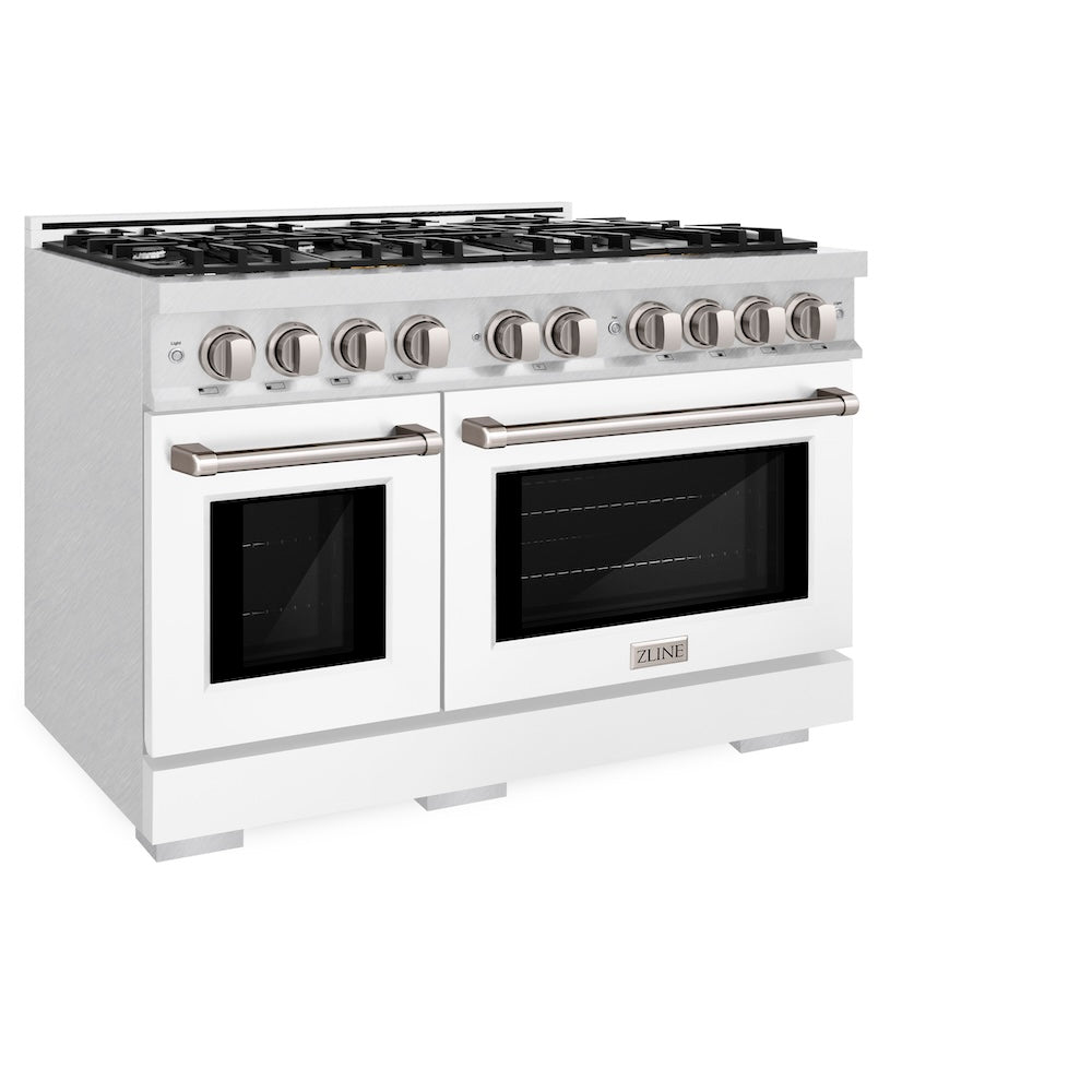 ZLINE 48 in. 6.7 cu. ft. Select Double Oven Dual Fuel Range with 8 Burner Gas Cooktop in DuraSnow® Stainless Steel with White Matte Doors (HDRS-WM-48) - (HDRSWM48) -