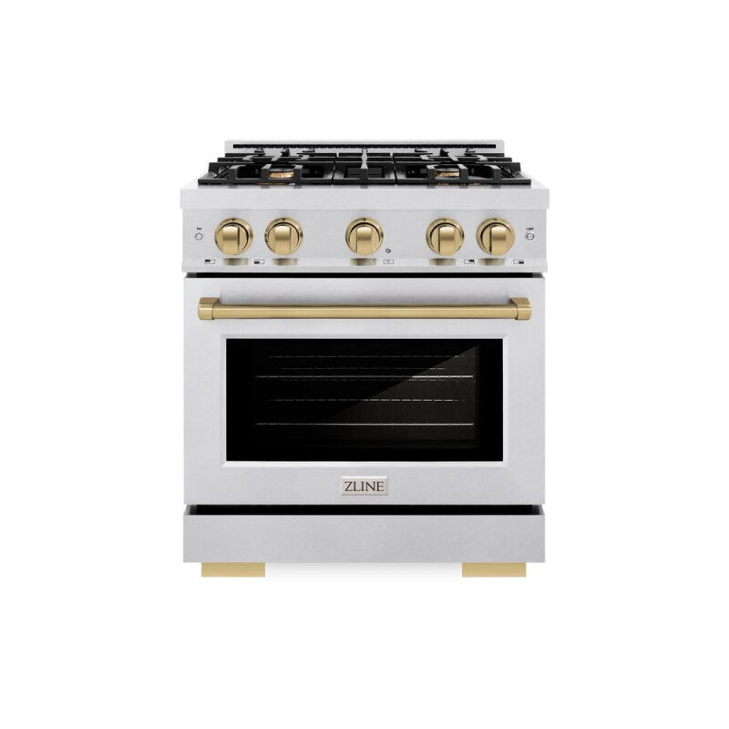 ZLINE Autograph Edition 30 in. 4.2 cu. ft. Select Dual Fuel Range with 4 Burner Gas Cooktop and Electric Convection Oven in DuraSnow® Stainless Steel with Champagne Bronze Accents (HDRSZ-30-CB) - (HDRSZ30CB) -