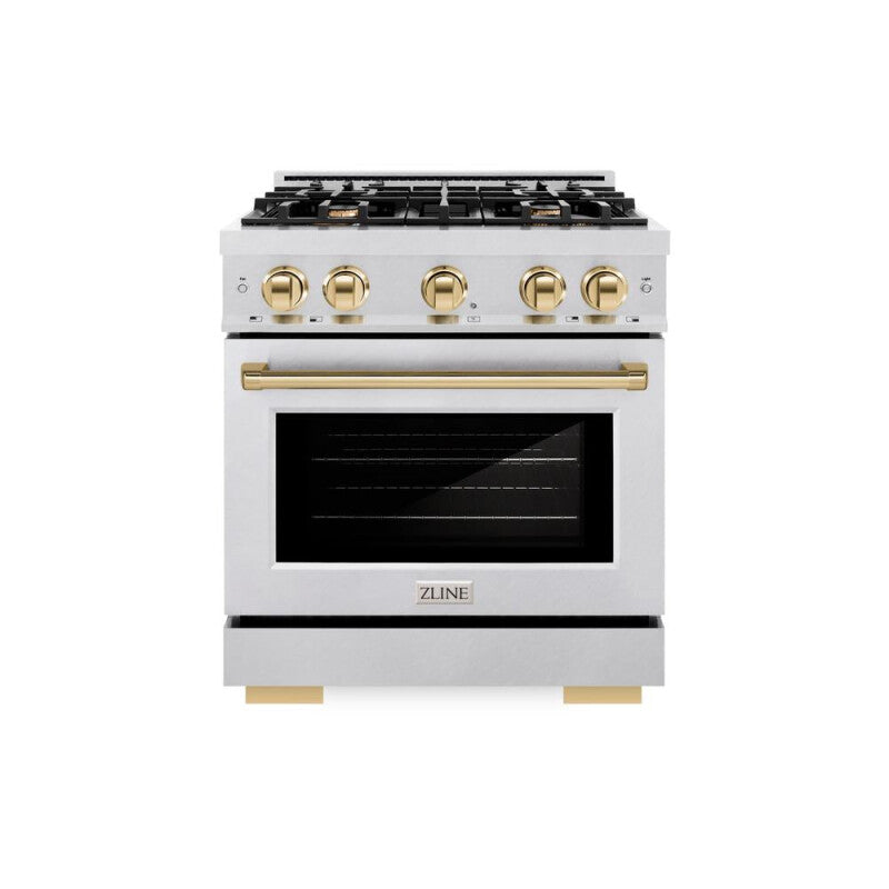 ZLINE Autograph Edition 30 in. 4.2 cu. ft. Select Dual Fuel Range with 4 Burner Gas Cooktop and Electric Convection Oven in DuraSnow® Stainless Steel with Polished Gold Accents (HDRSZ-30-G) - (HDRSZ30G) -