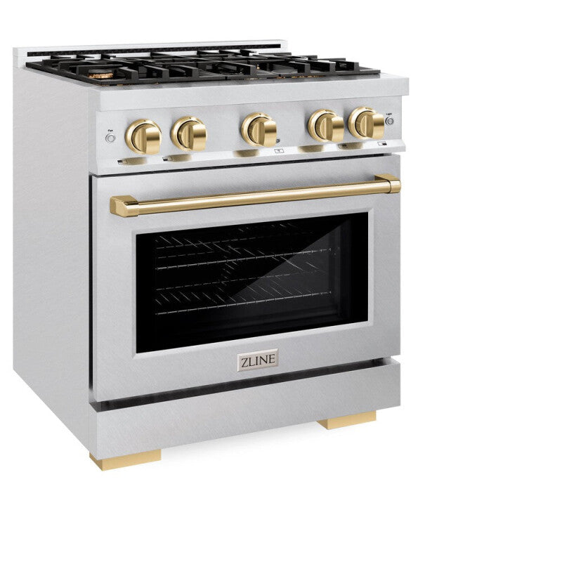 ZLINE Autograph Edition 30 in. 4.2 cu. ft. Select Dual Fuel Range with 4 Burner Gas Cooktop and Electric Convection Oven in DuraSnow® Stainless Steel with Polished Gold Accents (HDRSZ-30-G) - (HDRSZ30G) -
