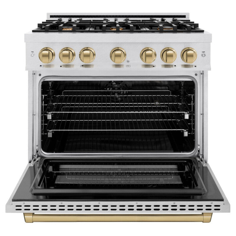 ZLINE Autograph Edition 36 in. 5.2 cu. ft. Select Dual Fuel Range with 6 Burner Gas Cooktop and Electric Convection Oven in DuraSnow® Stainless Steel with Champagne Bronze Accents (HDRSZ-36-CB) - (HDRSZ36CB) -