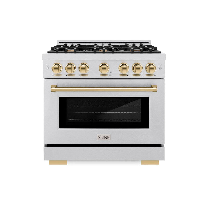 ZLINE Autograph Edition 36 in. 5.2 cu. ft. Select Dual Fuel Range with 6 Burner Gas Cooktop and Electric Convection Oven in DuraSnow® Stainless Steel with Polished Gold Accents (HDRSZ-36-G) - (HDRSZ36G) -