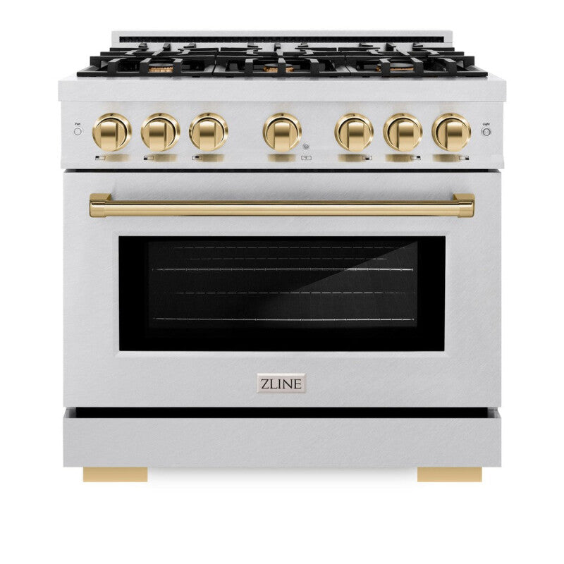 ZLINE Autograph Edition 36 in. 5.2 cu. ft. Select Dual Fuel Range with 6 Burner Gas Cooktop and Electric Convection Oven in DuraSnow® Stainless Steel with Polished Gold Accents (HDRSZ-36-G) - (HDRSZ36G) -