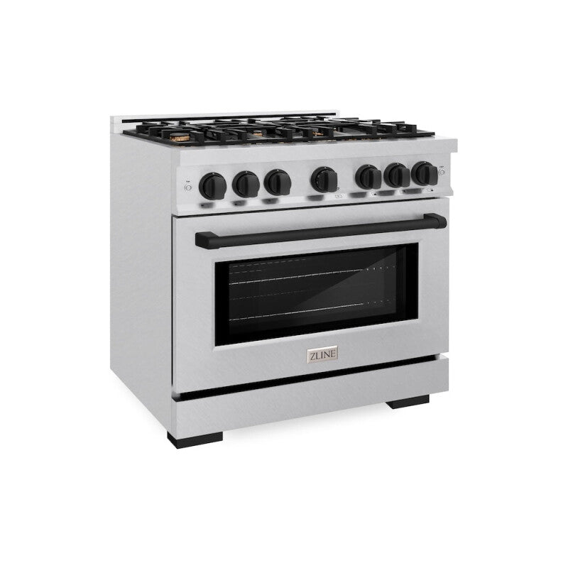 ZLINE Autograph Edition 36 in. 5.2 cu. ft. Select Dual Fuel Range with 6 Burner Gas Cooktop and Electric Convection Oven in DuraSnow® Stainless Steel with Matte Black Accents (HDRSZ-36-MB) - (HDRSZ36MB) -