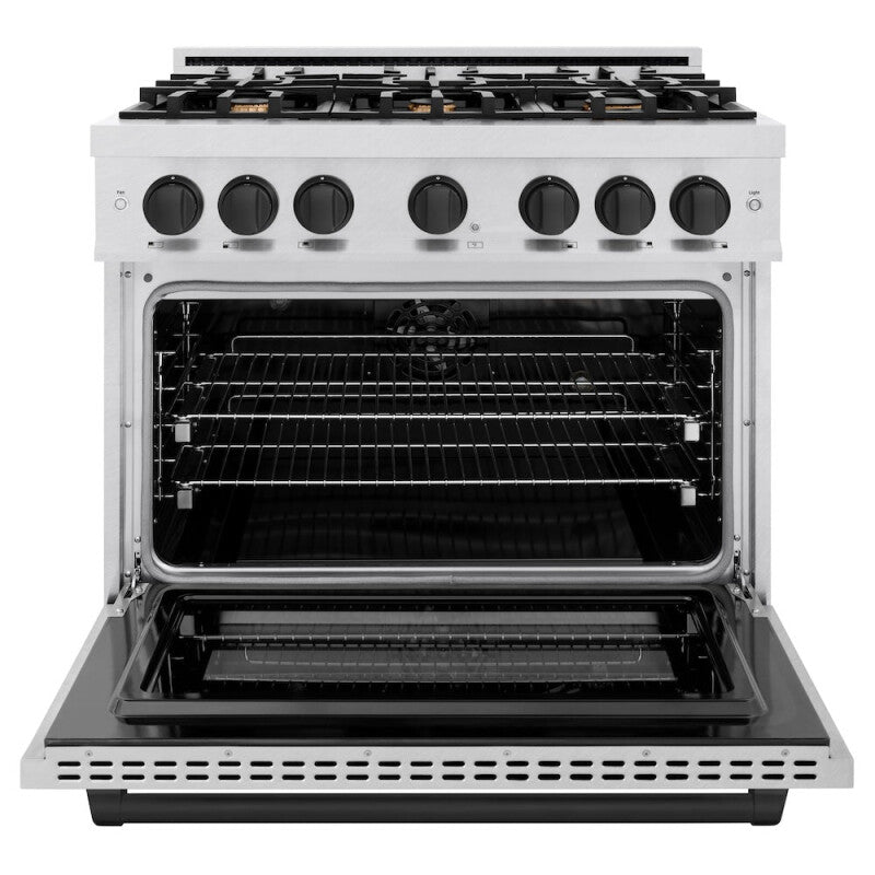 ZLINE Autograph Edition 36 in. 5.2 cu. ft. Select Dual Fuel Range with 6 Burner Gas Cooktop and Electric Convection Oven in DuraSnow® Stainless Steel with Matte Black Accents (HDRSZ-36-MB) - (HDRSZ36MB) -