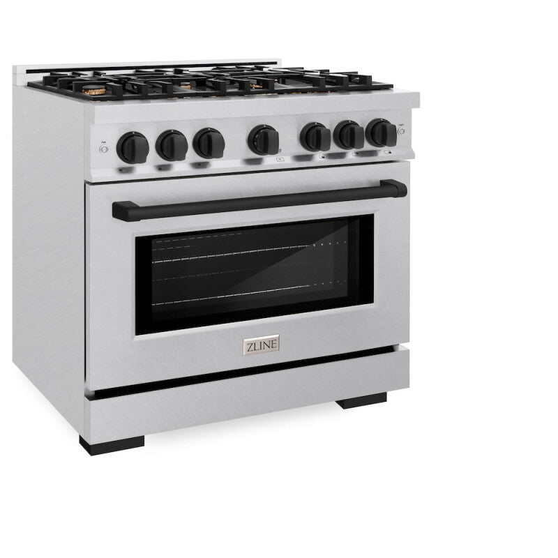 ZLINE Autograph Edition 36 in. 5.2 cu. ft. Select Dual Fuel Range with 6 Burner Gas Cooktop and Electric Convection Oven in DuraSnow® Stainless Steel with Matte Black Accents (HDRSZ-36-MB) - (HDRSZ36MB) -