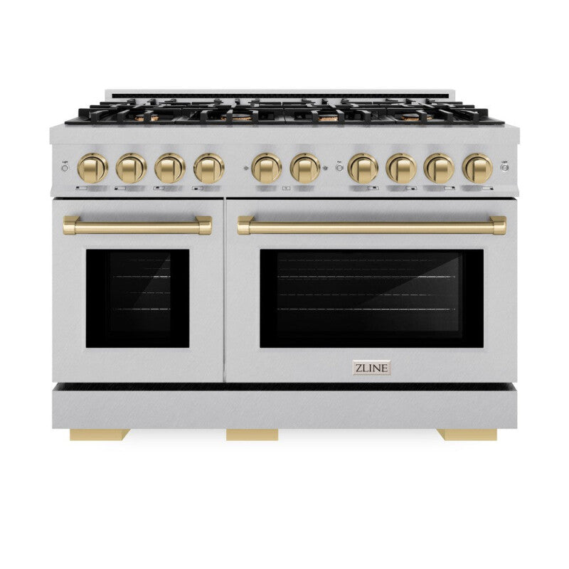 ZLINE Autograph Edition 48 in. 6.7 cu. ft. Select Double Oven Dual Fuel Range with 8 Burner Gas Cooktop in DuraSnow® Stainless Steel and Champagne Bronze Accents (HDRSZ-48-CB) - (HDRSZ48CB) -