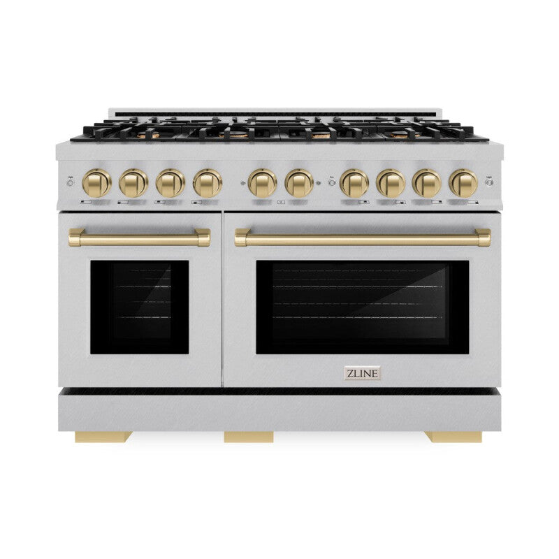 ZLINE Autograph Edition 48 in. 6.7 cu. ft. Select Double Oven Dual Fuel Range with 8 Burner Gas Cooktop in DuraSnow® Stainless Steel and Champagne Bronze Accents (HDRSZ-48-CB) - (HDRSZ48CB) -