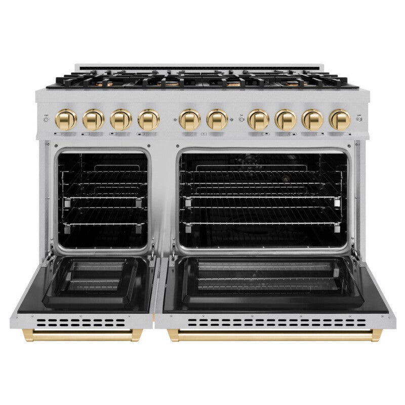 ZLINE Autograph Edition 48 in. 6.7 cu. ft. Select Double Oven Dual Fuel Range with 8 Burner Gas Cooktop in DuraSnow® Stainless Steel and Polished Gold Accents (HDRSZ-48-G) - (HDRSZ48G) -