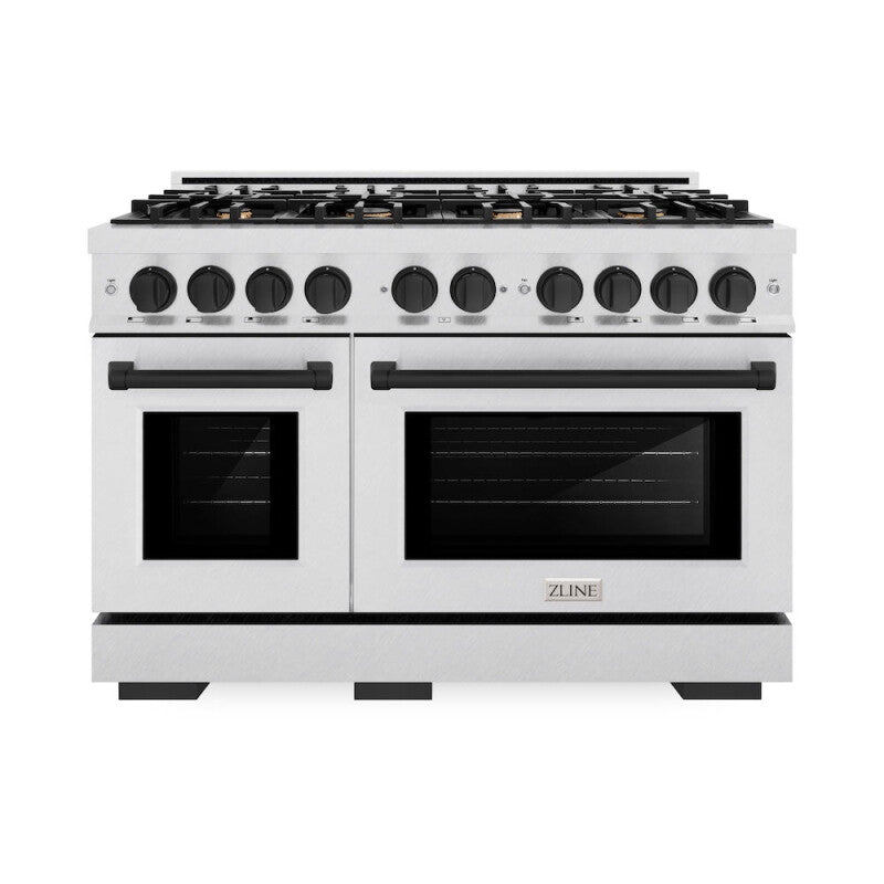ZLINE Autograph Edition 48 in. 6.7 cu. ft. Select Double Oven Dual Fuel Range with 8 Burner Gas Cooktop in DuraSnow® Stainless Steel and Matte Black Accents (HDRSZ-48-MB) - (HDRSZ48MB) -