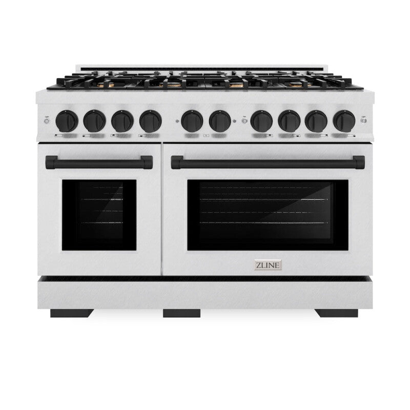 ZLINE Autograph Edition 48 in. 6.7 cu. ft. Select Double Oven Dual Fuel Range with 8 Burner Gas Cooktop in DuraSnow® Stainless Steel and Matte Black Accents (HDRSZ-48-MB) - (HDRSZ48MB) -