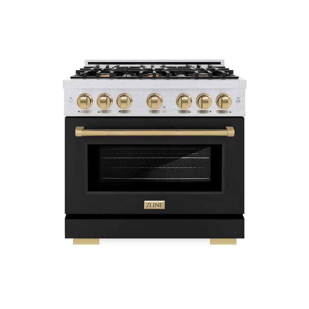 ZLINE Autograph Edition 36 in. 5.2 cu. ft. Select Dual Fuel Range with 6 Burner Gas Cooktop and Electric Convection Oven in DuraSnow® Stainless Steel with Black Matte Door and Champagne Bronze Accents (HDRSZ-BLM-36-CB) - (HDRSZBLM36CB) -
