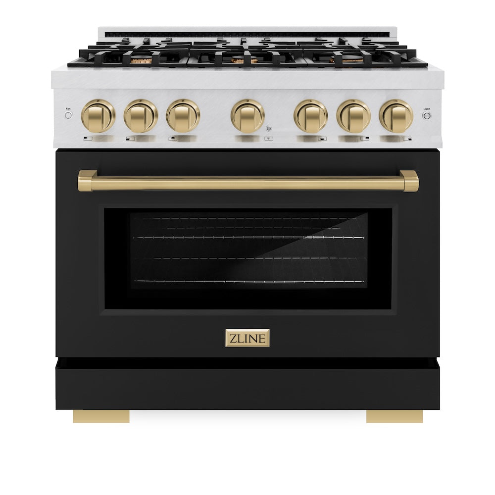 ZLINE Autograph Edition 36 in. 5.2 cu. ft. Select Dual Fuel Range with 6 Burner Gas Cooktop and Electric Convection Oven in DuraSnow® Stainless Steel with Black Matte Door and Champagne Bronze Accents (HDRSZ-BLM-36-CB) - (HDRSZBLM36CB) -